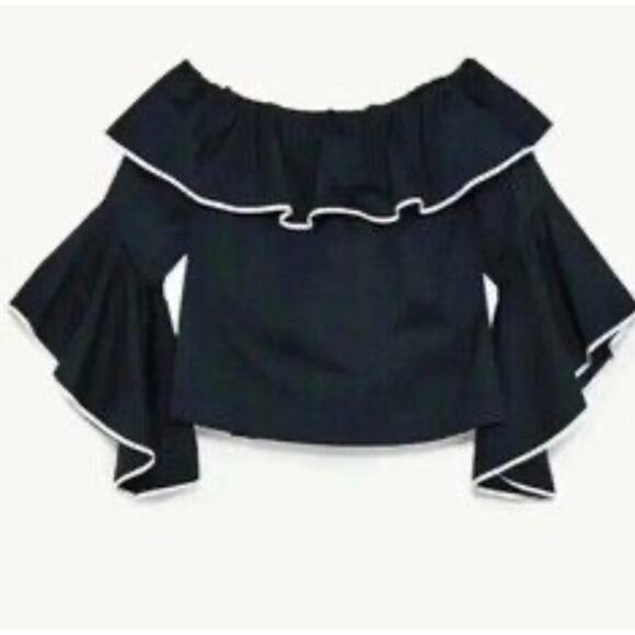 ZARA Off the Shoulder Top Womens M Black Label Black Eyelet Bell Sleeve Blouse - Picture 1 of 4